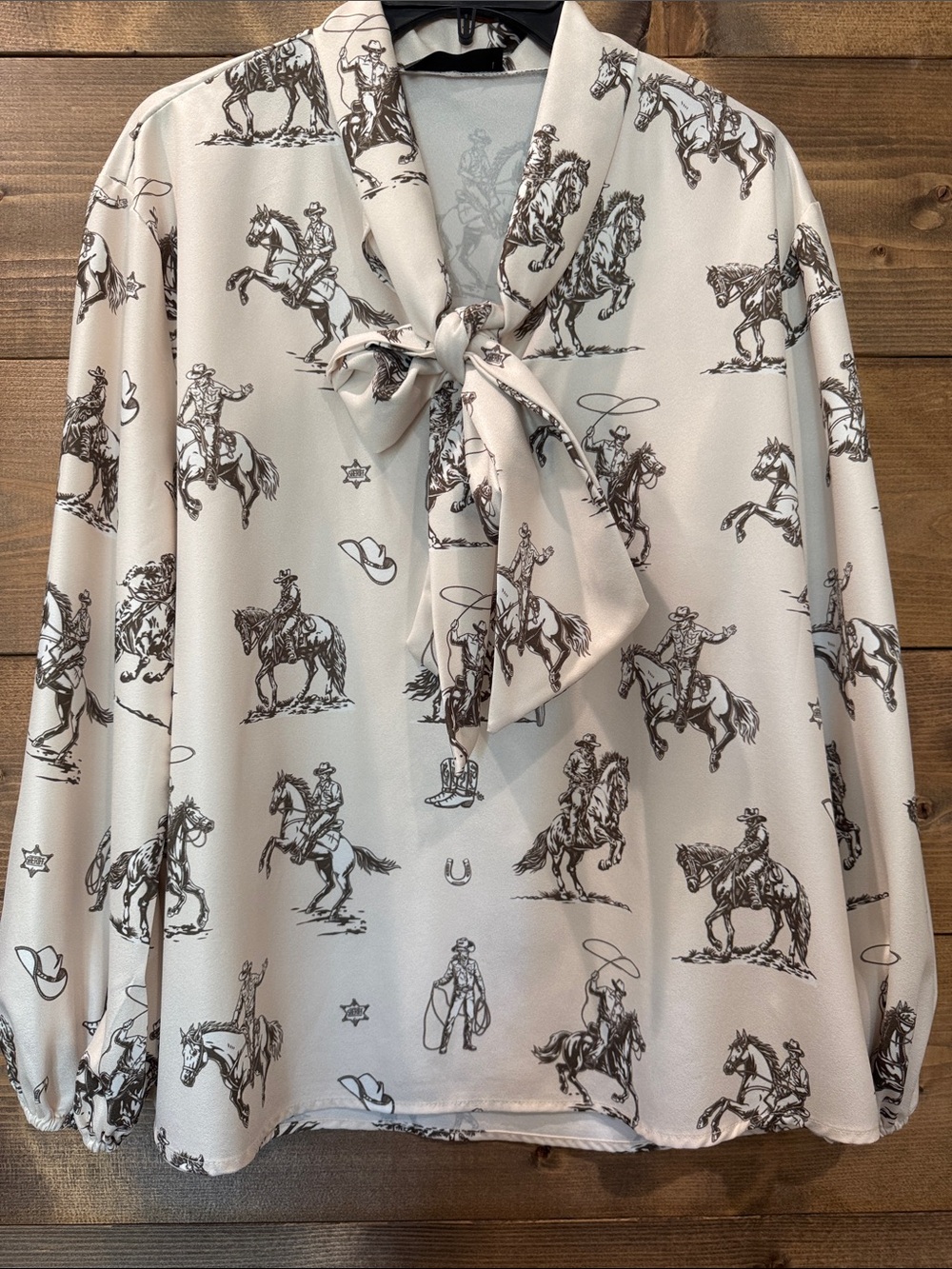 Cream Bow Neck Blouse with Brown Western Horse Print